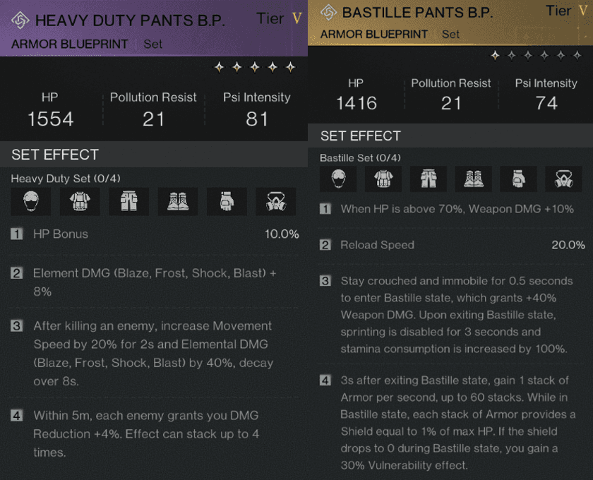 A screenshot comparison of the Bastille Set and Heavy Duty Set.