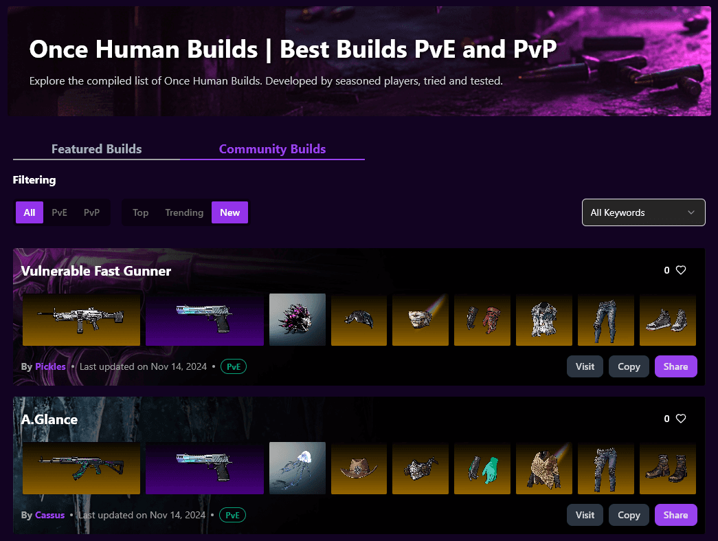 A screenshot of the Featured and Community Builds Page on OhDex.