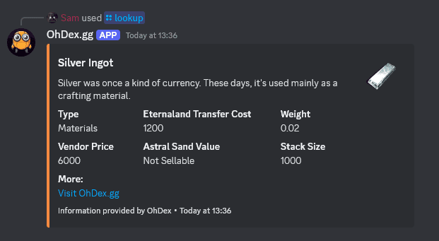 Screenshot of the OhDex Discord Bot responding to a Command.